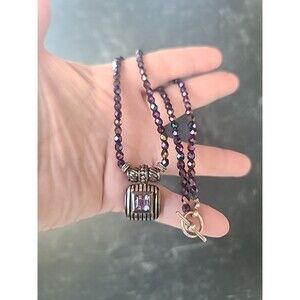 925 Sterling Silver Rhinestone Beaded Amethyst Pendant Necklace Toggle Closure
